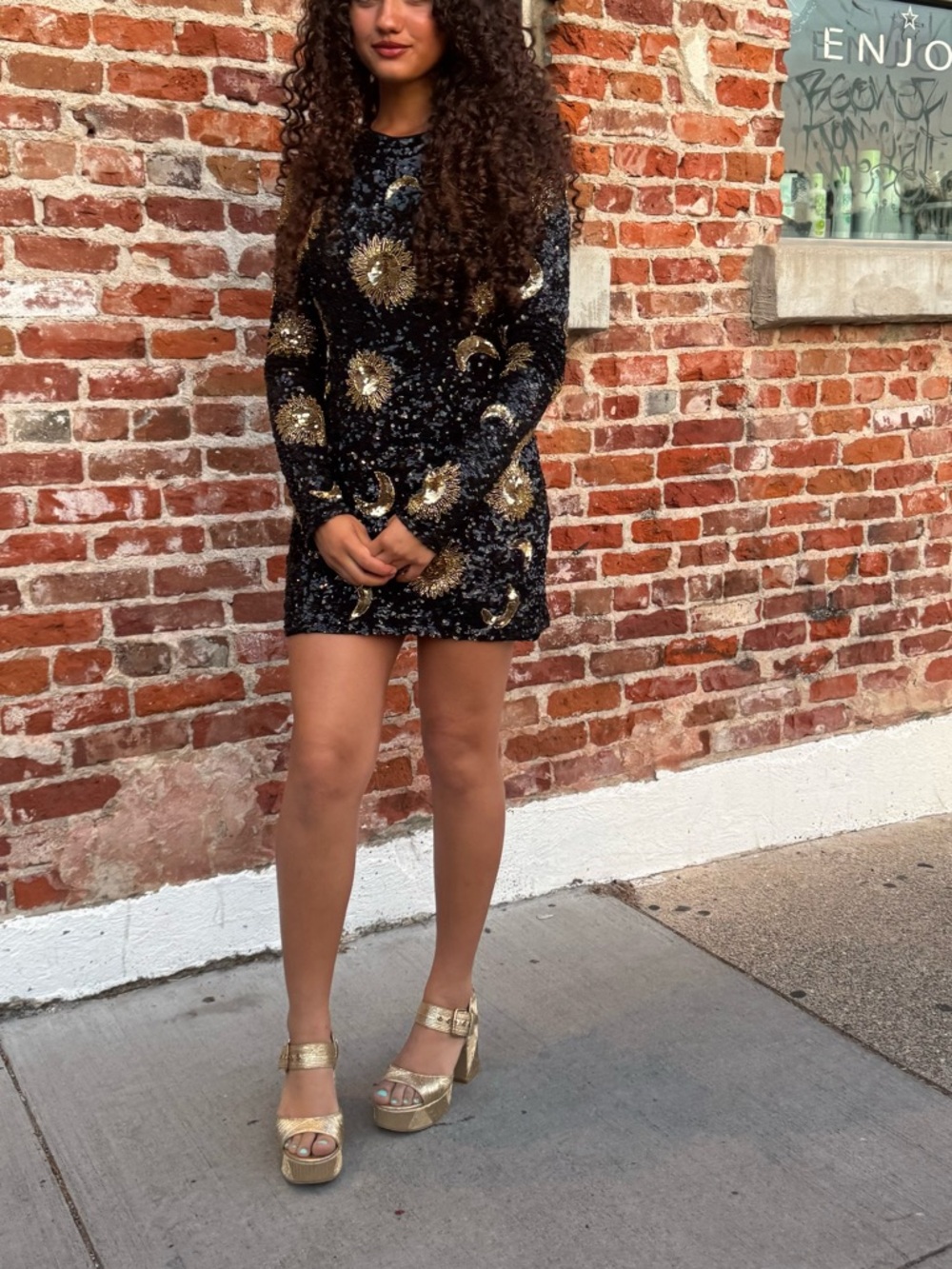 Show Me Your MuMu Black Sequin Mini Dress with Gold Sunburst Motif